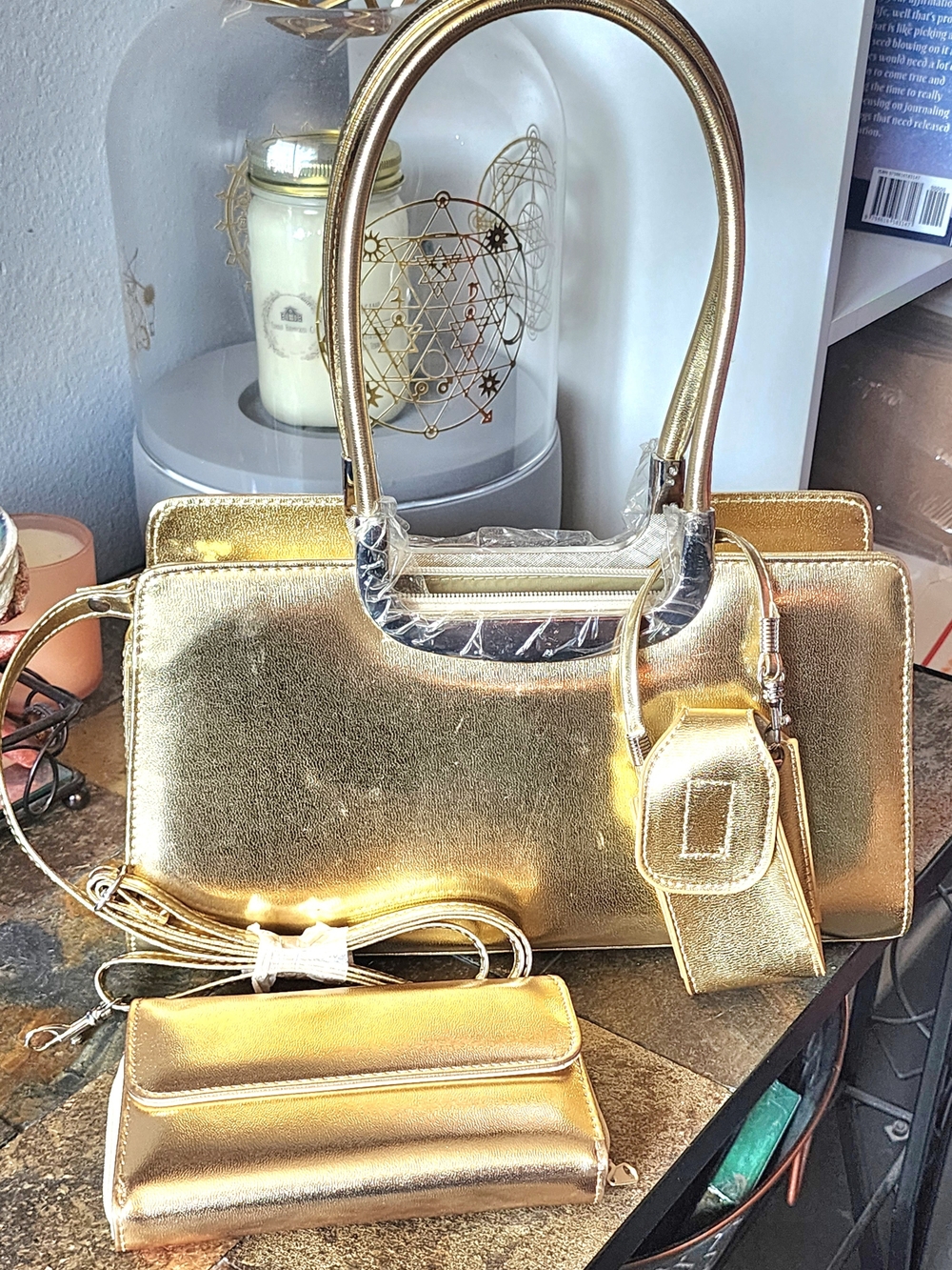 3 Pc Gold Metallic Structured Satchel Handbag with Matching Wallet